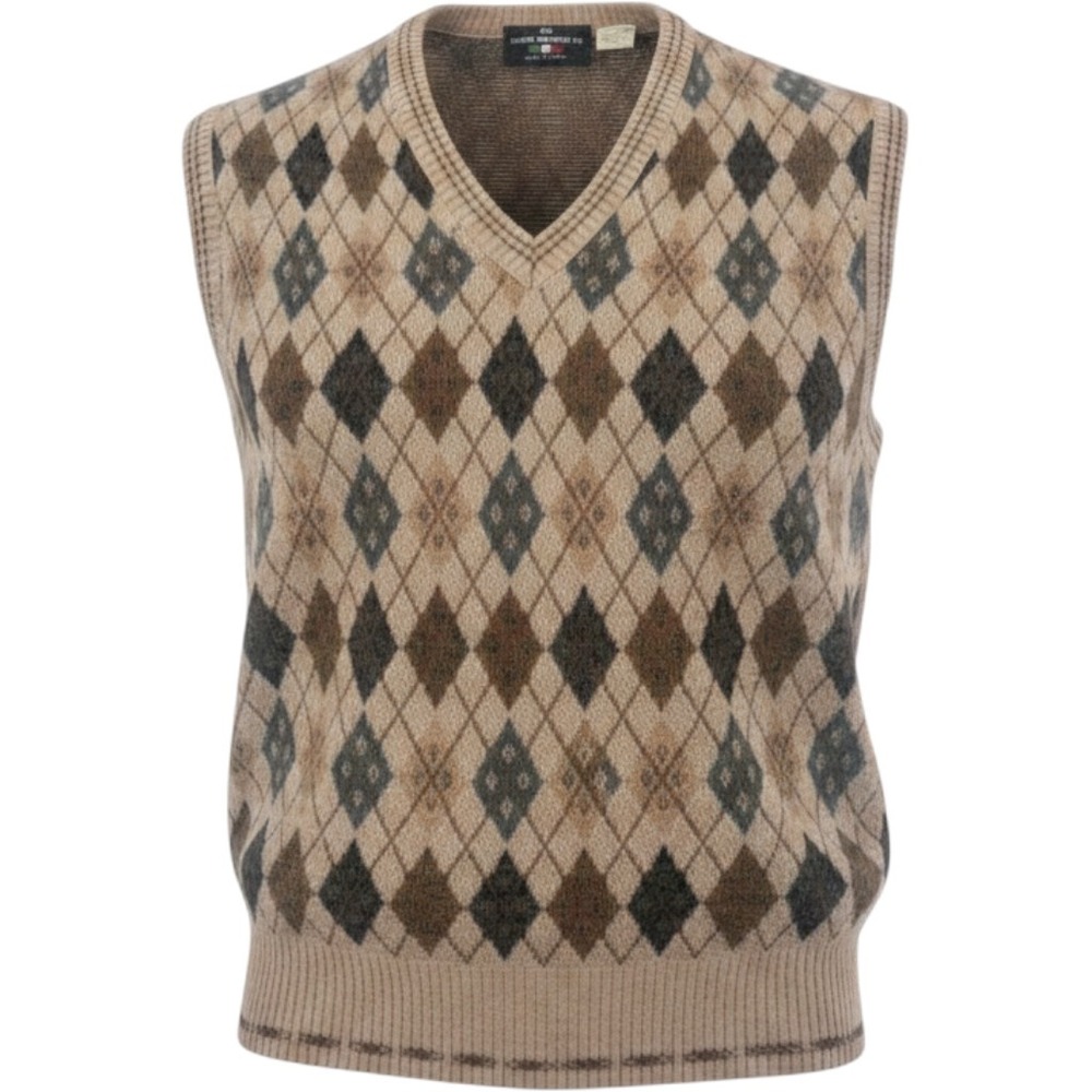 The Italian Sweater Co Mens Argyle Sweater Vest Brown Wool Blend V-Neck Medium
